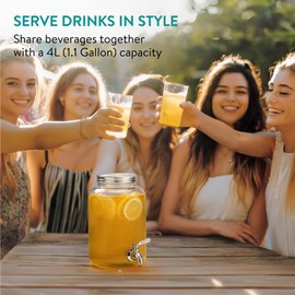 Navaris Glass Drink Dispenser with Tap - 4L (1 gal) Ripple Design Beverage Dispenser with Ice Insert & Fruit Infuser - for Cold Brew Coffee, Cocktails, Juice, Water & other Drinks