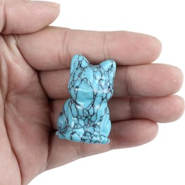 Lovionus89 Synthetic Green Howlit Turquoise Mini Happy Sitting Cat Crystal Stone Figures, Hand Carved Gemstone Animal Sculpture Home Decor for Cat Lovers