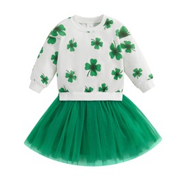 Toddler Baby Girl St Patricks Day Dress Outfit Shamrock Clover Long Sleeve Sweatshirt Tulle Tutu Skirt Dress Clothes (Green, 4 Years)