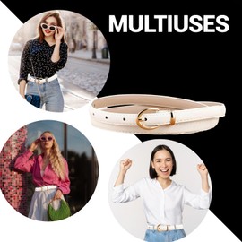 FATASH Womens Skinny PU leather Belt with Adjustable Gold Metal Buckle Slim Waist Strap | Vintage Style Solid Color Ladies Fashion Waistband | Classic Retro Thin Belt for Dresses Jeans Coat Off White