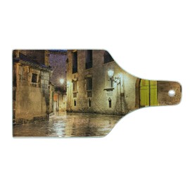 Ambesonne Gothic Cutting Board, Gothic Stone Quarter of Barcelona Spain Renaissance Heritage Night Street Photo, Decorative Tempered Glass Cutting and Serving Board, Wine Bottle Shape, Cream