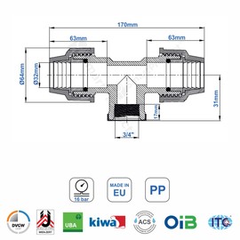 SmartProduct T-Piece PE Pipe Fitting 32 mm x 3/4 x 32 mm Female Thread Female Screw Connection PN16 DVGW Drinking Water Certified - Clamp Connector - PP T Piece Coupling for PE80 PE100 Pipes - Pack of