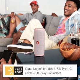 JBL Flip 5 (Teal) + Bundle with Case Logic Braided USB Type-C Charge & Sync (6 feet, Gray)