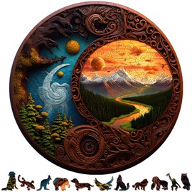 Round Wooden Jigsaw Puzzle - 246 Piece Yin Yang Nature Scene Mountain & Forest Design, Decorative Artisanal ZenCircle Puzzle for Adults (Wood Carving)