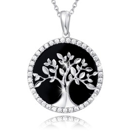Agvana Sterling Silver Tree of Life Necklace for Women Genuine Black Onyx CZ Dainty Family Tree Pendant Anniversary Jewelry Birthday Gifts for Women Mom Grandma Wife Daughter