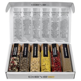 DIBYS Gourmet Pepper Seasoning Set - 6 Authentic Pepper Blends with Recipes - Mixed & Pink Whole Peppercorns, Garlic, Lemon, Orange and Black Pepper - Seasonings & Spices - Gift for Foodies & Cooks