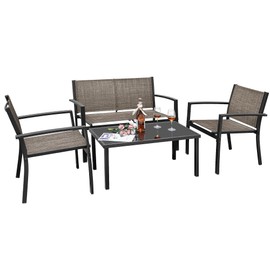 Flamaker 4 Pieces Patio Furniture Outdoor Furniture Patio Furniture Set Textilene Bistro Set Modern Conversation Set Black Bistro Set with Loveseat Tea Table for Home, Lawn and Balcony (Brown)