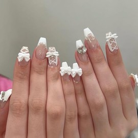 White Press on Nails Medium Coffin Fake Nails French Nails Press ons with Bow Tie Lace Design Full Cover Stick on Nails for Women Manicure,Reusable | Artificial | Nail Sticky Tabs | Easy Apply | 24Pcs