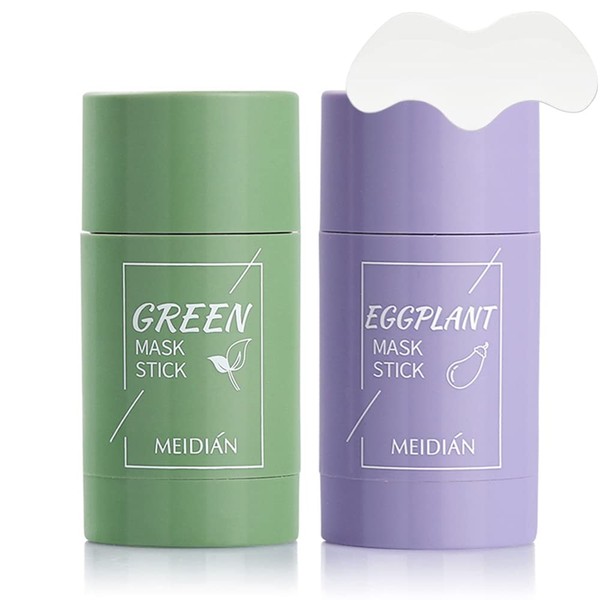 Meidian 2PCS - Green Tea Purifying Clay Stick Mask, Eggplant Face Mask Stick, Blackheads Remover,Oil Control,Moisturizing, Suitable For All Skin Types But Sensitive, Men Women 2 Count (Pack of 1)