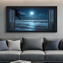 Framed Window Beach Wall Art, Large Ocean Coastal Scene Seascape Canvas Artwork, Horizontal Night Moon Palm Tree Landscape Painting Print for Bedroom Living Room Hallway Office Wall Decor, 24x48 Inch