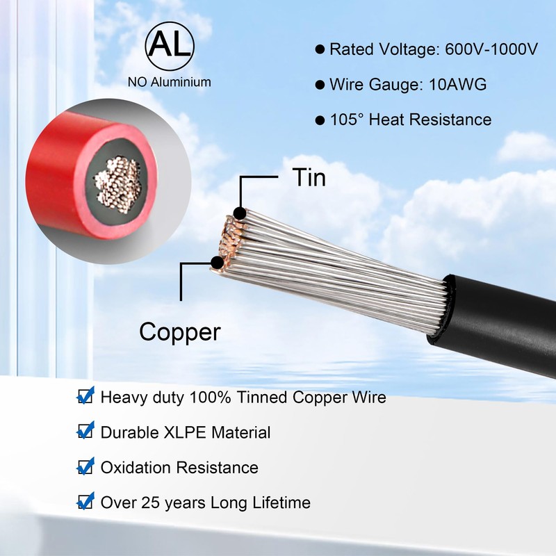 20 FT 10AWG Solar Panel Extension Cable,10 Gauge Extension Cord,5FT
