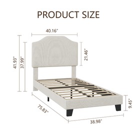 Twin Size Bed Frame, Corduroy Upholstered Platform Bed Frame with Adjustable Headboard, Mattress Foundation, Wooden Slats Support, No Box Spring Needed, Easy Assembly, Beige