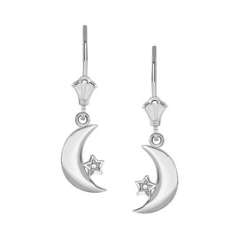 Elegant 925 Sterling Silver Crescent Moon & Star Dangle Earrings