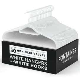 Fontaines Luxury White Velvet Felt Non Slip Clothes Hangers 50 Pack - Ultra Slim & Space Saving - Heavy Duty Swivel Hook for Clothing, Suit, Top, Tie, Shirt, Skirt & Pant Organization