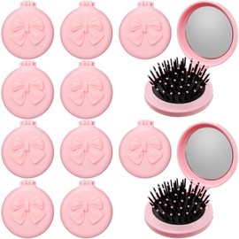 Yiyiring 12 Pcs Pink Coquette Bow Mini Hair Brushes Folding Mirror Coquette Detangler Brush Bulk Round Compact Massage Scalp Comb for Purse Women Travel Team Gifts Trendy Stuff Party Favors