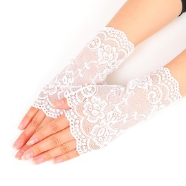 Tidyworm Women's Lace Gloves, Fingerless, UV Protection, Summer, Stylish, Floral Pattern, Thin, Short, Gloves, Sunscreen, UV Protection, Bicycle, Driving, Wedding, Brides, C White