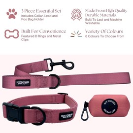 Hot Doggies Essential Dog Walking Bundle. 6 COLOURS AVAILABLE. Includes Dog Collar, 1.5m Lead and Poo Waste Bag Holder. Sizes X-Small - Large. (Small, Rosewood Pink)