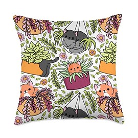 Potted Plants Cats Houseplants Hanging Planters Cute Pattern Throw Pillow