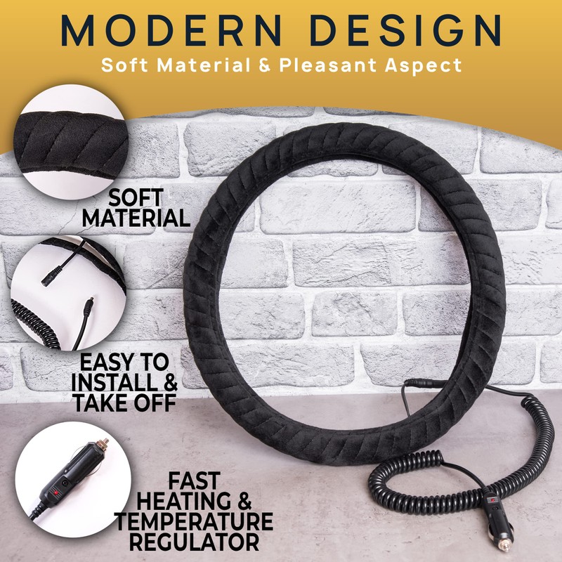 VaygWay Car Heated Steering Wheel Cover - 12v Black Soft