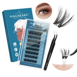 NAGARAKU Individual Eyelashes with Tweezer,40 Pcs Cluster Lashes Kit No Glue Remover Needed One-Step Press On Pre-Glued Self Stick No Damage Reusable Flower Roll Style (SAT-05,0.07mm C Curl 10-16mm）