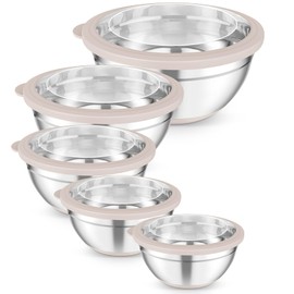 TeamFar Mixing Bowls, 5PCS Stainless Steel Serving Salad Bowls with Lids, For Kitchen Mixing/Baking/Storing/Prepping, Visible & Airtight, Non-Slip Bottom - 4.6/3.5/1.5/1 / 0.7 QT, Khaki