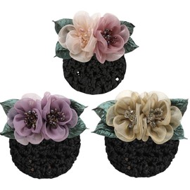 3pcs Barrettes with Bun Cover Hairnet, Women Hair Bun Cover Net Snood, Flower Hair Barrette Hair Clips,Crochet Net Hair Snoods for Women Girls (Style 1, One size)