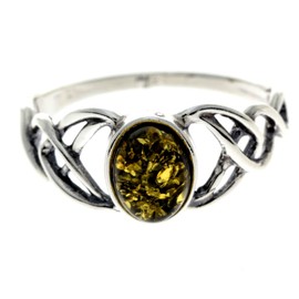 Silver Amber Jewellery - 925 Sterling Silver and Green Baltic Amber Celtic Knots Designer Ring - UK Rng Size K - 7482GK
