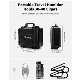 Flauno Travel Cigar Humidor - Large Portable Humidor Case with Lighter (Without Gas), Cutter, Humidifier, 2 Holders, Waterproof & Crushproof, Airtight Seal, Holds 36 Cigars