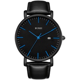 BUREI Men's Watch, Leather, Popular Brand, Analog, Simple, Waterproof, Stylish, Commute, Business, Men's Watch, black-black-blue