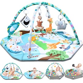 Baby Gym Play Mat, 8-in-1 Tummy Time Mat & Ball Pit with 6 Toys, Washable Baby Activity Play Mat for Visual, Hearing, Sensory, Motor Development, Baby Toys Gift for Toddler Infant 0-3-6-9-12 Months