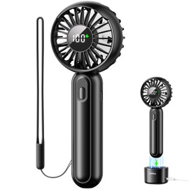 Handheld Fan with 𝗪𝗶𝗿𝗲𝗹𝗲𝘀𝘀 Charging Base, 3 Speeds Portable Fan with Digital Display, 2000mAh Battery Operated Hand Held Fan, Handheld/Desk 2 in 1 Personal Fan Lash Fan Makeup Fan (Black)