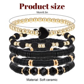 KFHENSOMR Beaded Stretch Bracelets Bohemia Multilayer Heart Clay Stackable Bracelets Set for Women Clay Gold Black Beaded Stretch Bracelet for Women Men Summer Beach Boho Vacation Jewelry Gifts