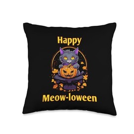 Whisker Witchery Apparel Purr-fectly Spooky Autumn Greetings-Happy Meow-loween Cat Throw Pillow, 16x16, Multicolor