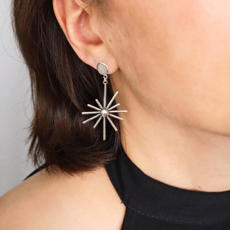 Large Solid 925 Sterling Silver Starburst Earrings Handmade Jewellery for