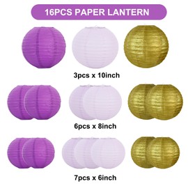 BEISHIDA 16 Pcs Purple Gold Paper Lanterns,Hanging Decorative Chinese Japanese Round Paper Lantern Lamp for Graduation Bachelorette Birthday Party Decoration