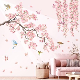 DECOWALL SG3-2320 Cherry Blossom Flower Wall Stickers Pink Hanging Floral Tree Branch Birds Decals Living Room Bedroom Office Home Decor