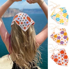 Woeoe Crochet Triangle Headband Floral Knit Hair Bandanas Vintage Tie-Back Head Scarf for Women's Hair(3 Pcs)