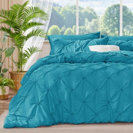 BEDELITE Teal King Size Comforter Set - 3 Pieces Boho Pintuck Bedding Comforter Sets, Lightweight Soft & Warm King Bedding Set with 2 Pillowcases for All Season