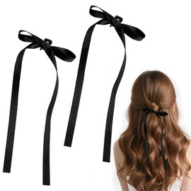 リボン ヘアアクセ ヘアアクセサリー ブラック 2点セット 全長約27cm 布製 リボン ヘアクリップ 韓国風 ヘアスタイルコーディネート パーティー デート 普段使い