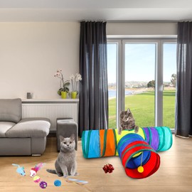 Katzenspielzeug Set,24 Stücke Katzen Spielzeug,3-Wege Katzentunnel,Faltbarer Kaninchentunnel mit Katzenbälle,Federspielzeug,Spielzeugmäuse,Interaktives Katzenspielzeug für Hasen Meerschweinchen Katzen