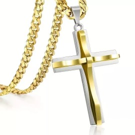 Syrios GIfts Stainless Steel Gold & Silver Double Cross Men Necklaces, Chain, Great Gift