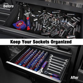 WORKPRO Magnetic Socket Organizer, 1/2-Inch Drive Aluminum Alloy Sockets Rail, Heavy Duty Sockets Holder, Socket Rack Kit 1/2-Inch x 10 Clips (Red)