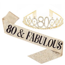 80th Birthday Gold Sash & Rhinestone Tiara Set, Birthday Gifts for Women, Birthday Sash/Tiara for Women's Birthday Party Decoration (80th)