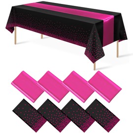 8Pack Disposable Plastic Party Tablecloths and Satin Table Runner Set Black Hot Pink Dot Table Cloth Hot Pink Satin Table Runner for Wedding Birthday Baby Shower Anniversary Holiday Party Decorations