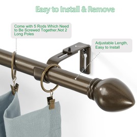 LLPJS Curtain Rods for Windows 16 to 76 inches, Curtain Rod Max Adjustable Length to 88 in, Drapery Rod 1 inch Diameter with Modern Knobs Finials (Brown, 16" to 76" - Set of 1)