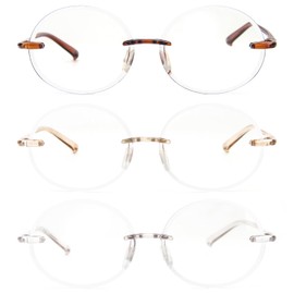 KoKoBin 3 Pack Rimless Round Reading Glasses,Blue Light Blocking Lightweight Eyeglasses Colored Stylish Frame for Men and Women +1.00