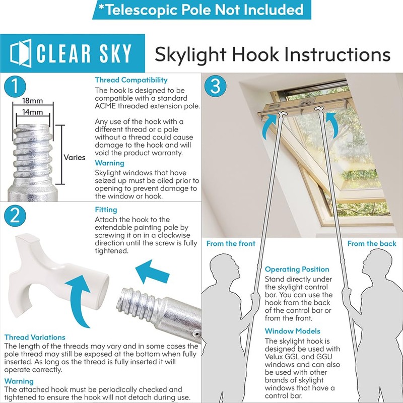 Clear Sky Window Opener Pole Hook | Compatible with Velux
