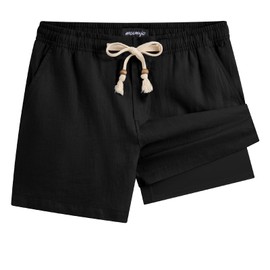 maamgic Mens Casual Linen Shorts 5 Inch Elastic Waist Drawstring Summer 2 in 1 Beach Shorts with Pockets Black-Black