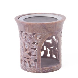 Bitto Korba Incense Burner Lantern 10 cm, Diameter 9 cm with Stainless Steel Strainer – Fair Trade Soft Stone with Leaf Relief