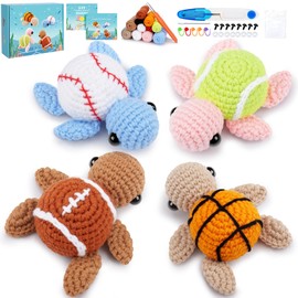 Crochet Kit for Beginners -4 PCS Turtle Crochet Kit with Step-by-Step Video Tutorials, Beginner Crochet Kit for Adults, Crochet Turtle Ball Games Set(Basketball Baseball Tennis American Football)